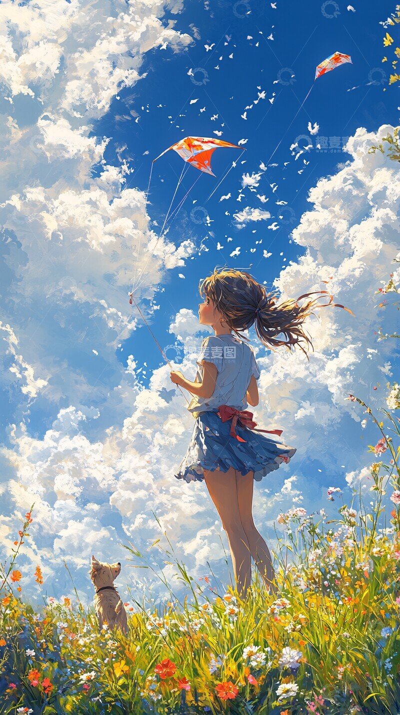 高清大图下载【趣麦麦图】女孩放风筝和小狗玩耍1