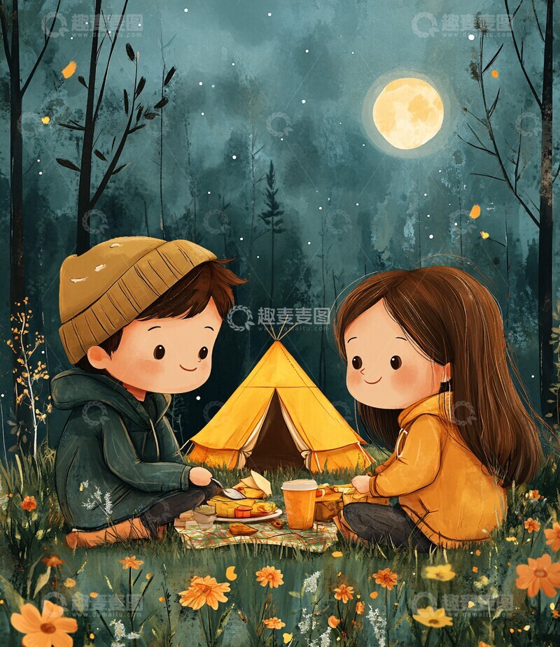 高清大图下载【趣麦麦图】情侣野餐插画3