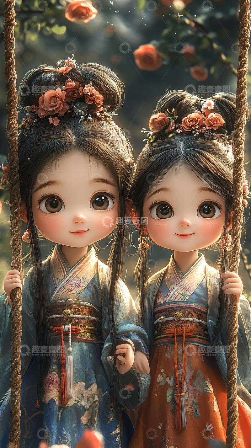高清大图下载【趣麦麦图】双童花裙荡秋千3