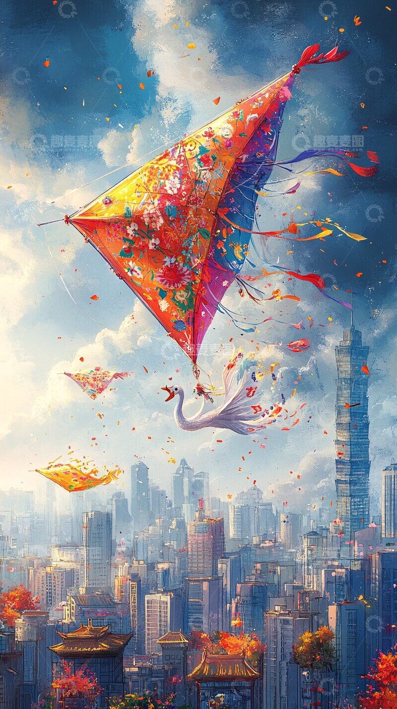 高清大图下载【趣麦麦图】风筝飞翔都市3