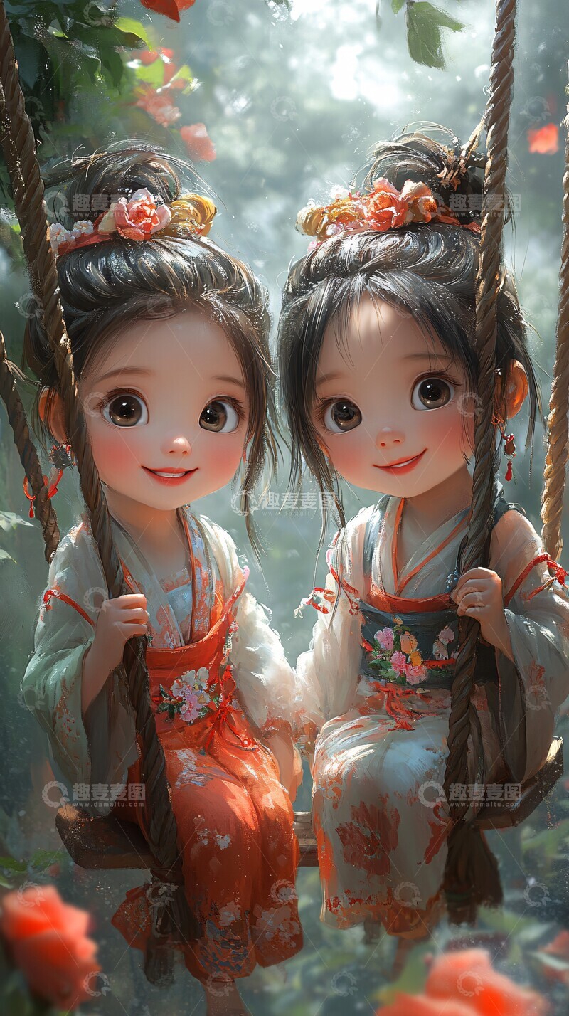 高清大图下载【趣麦麦图】双童花裙荡秋千2
