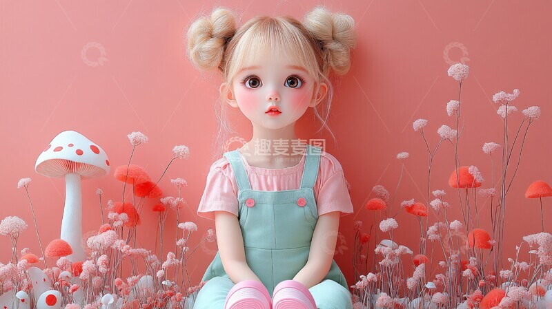 高清大图下载【趣麦麦图】蘑菇花丛女孩3