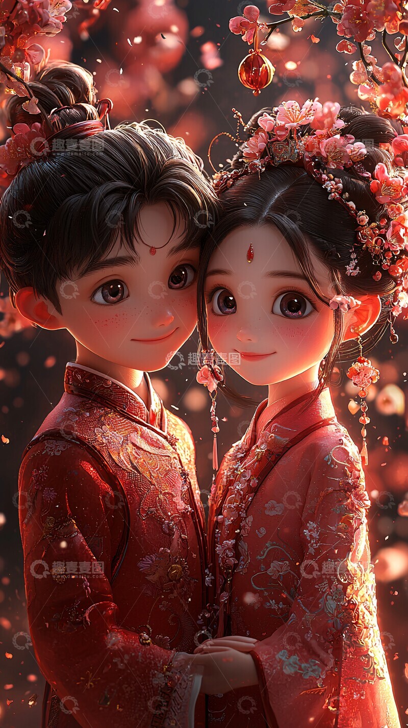 高清大图下载【趣麦麦图】男孩女孩拥抱传统服饰