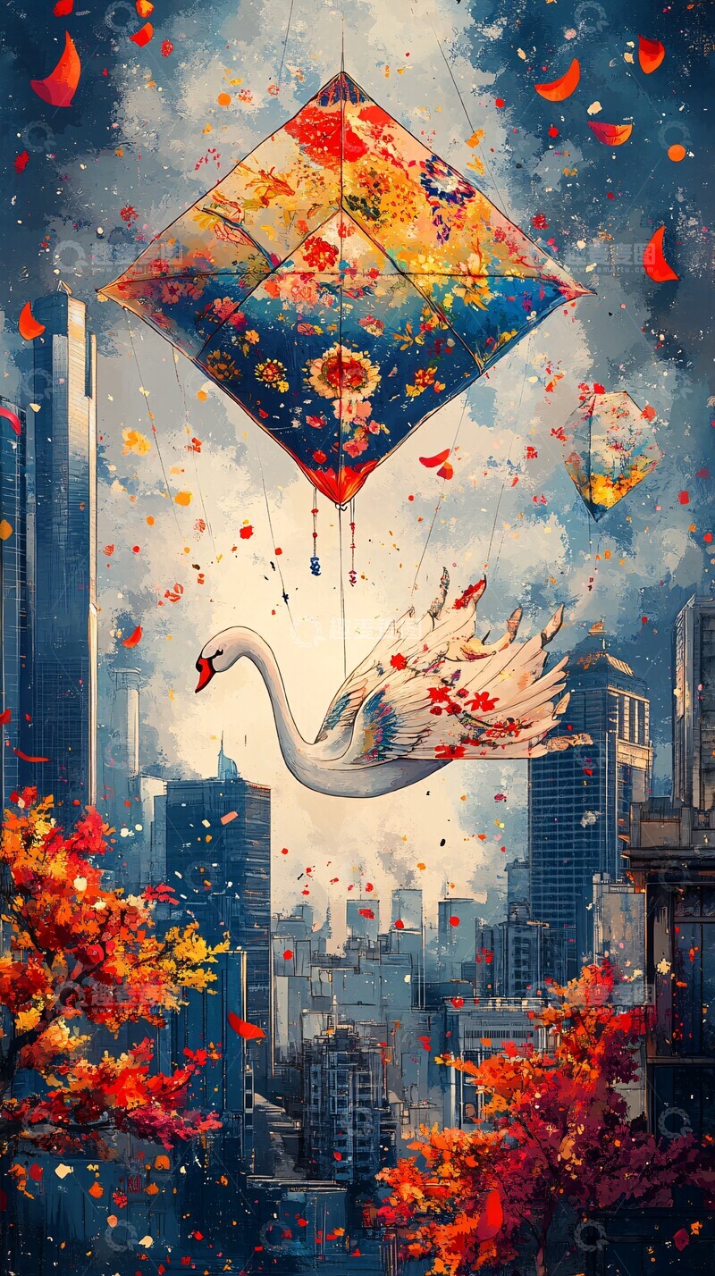 高清大图下载【趣麦麦图】风筝飞翔都市1