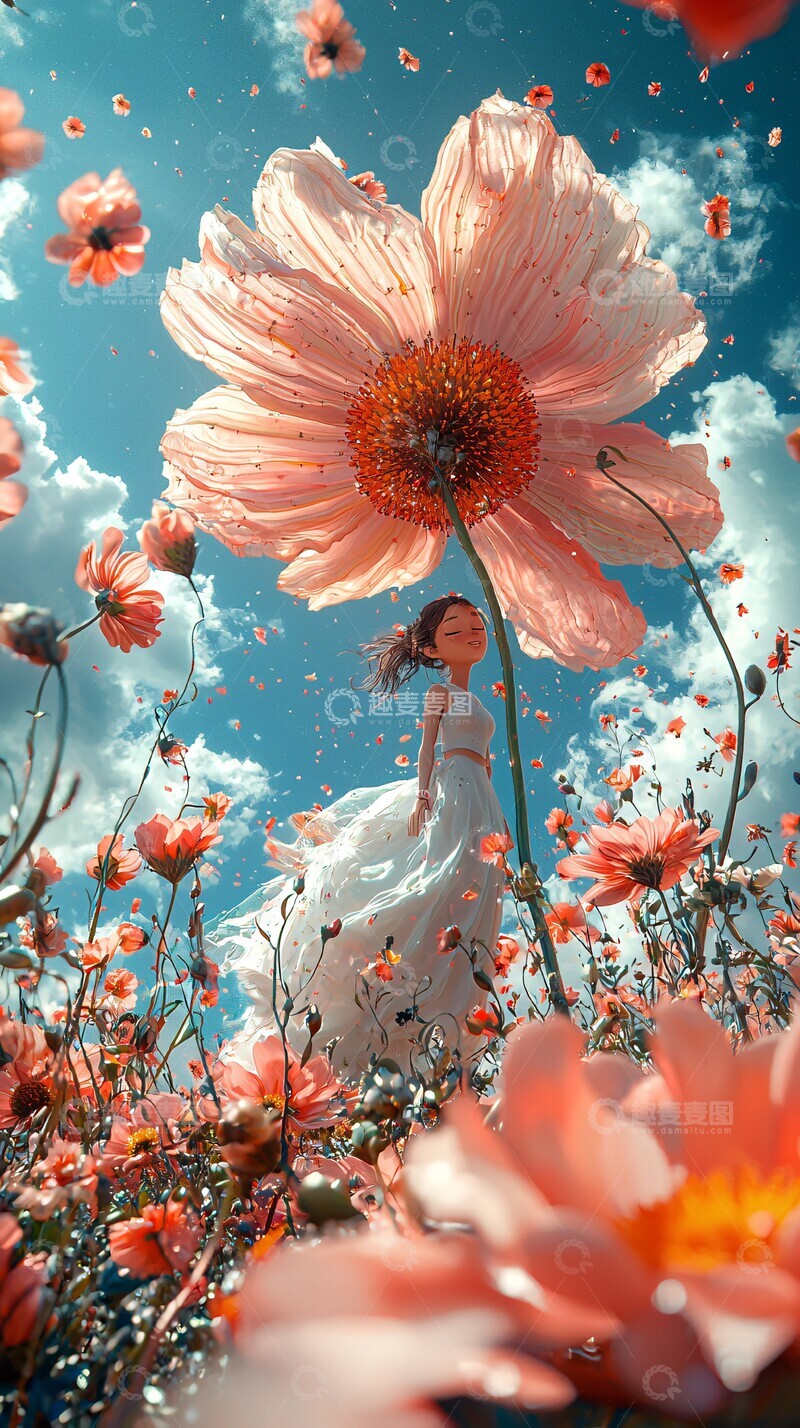 高清大图下载【趣麦麦图】女孩站在粉色花上