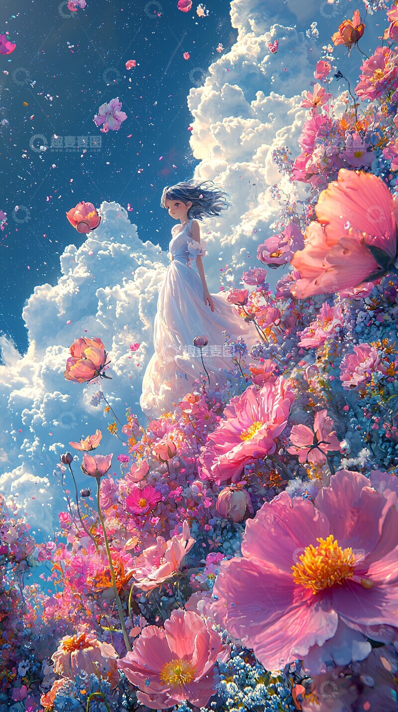 高清大图下载【趣麦麦图】女孩站在粉色花上2