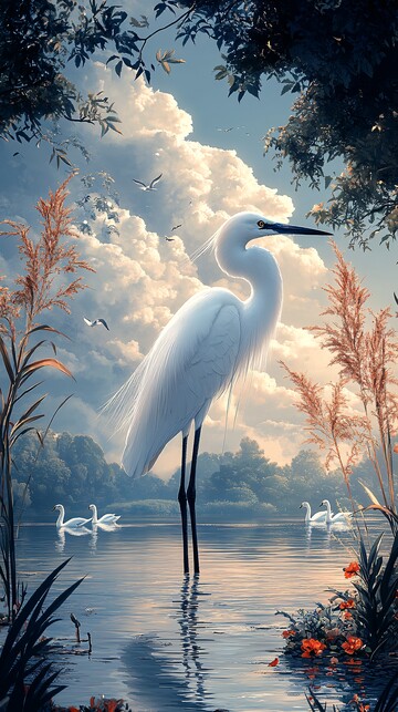 优雅白鹭湖面飞3