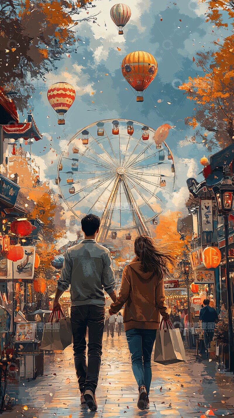 高清大图下载【趣麦麦图】夫妻牵手奔向摩天轮2