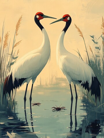 红冠鹤低头绿芦苇1