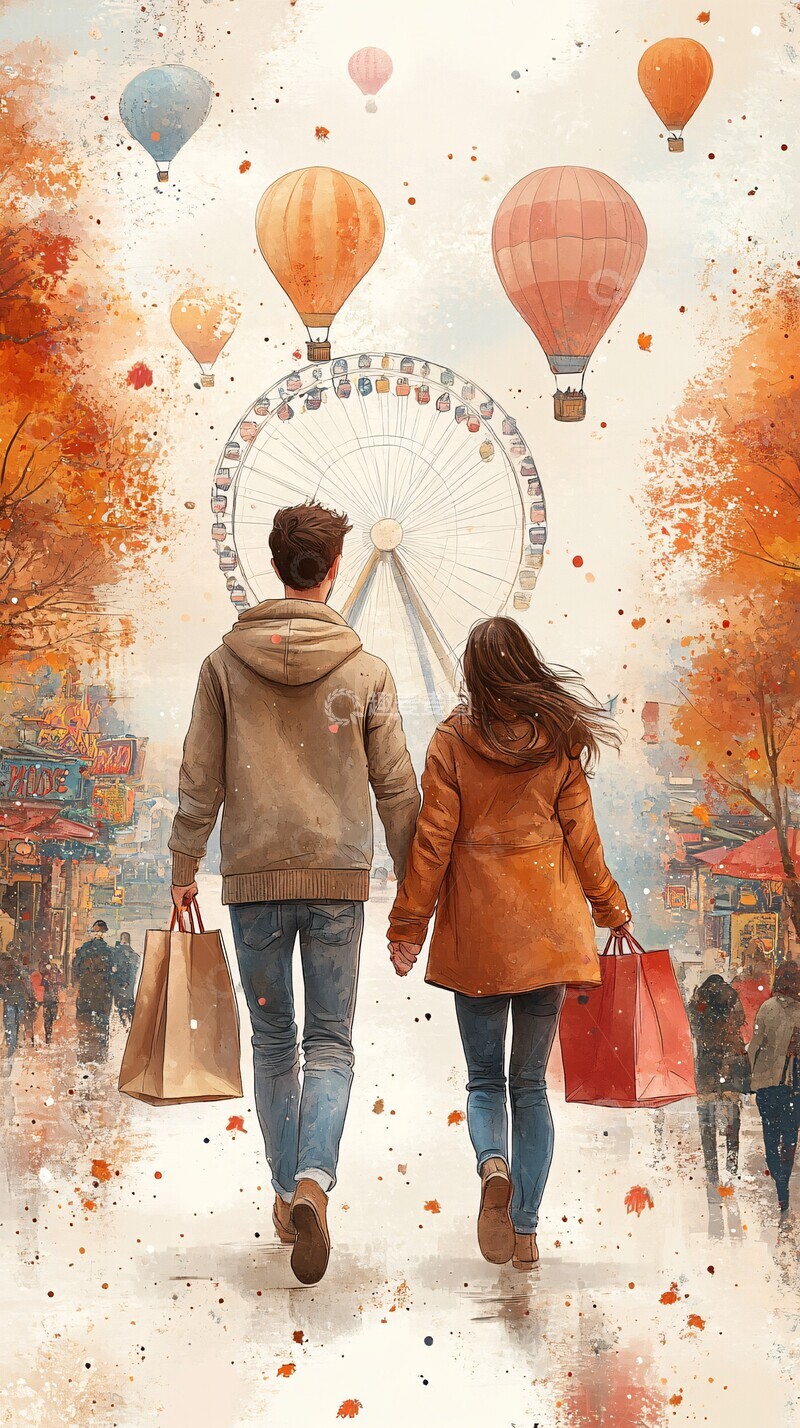 高清大图下载【趣麦麦图】夫妻牵手奔向摩天轮3