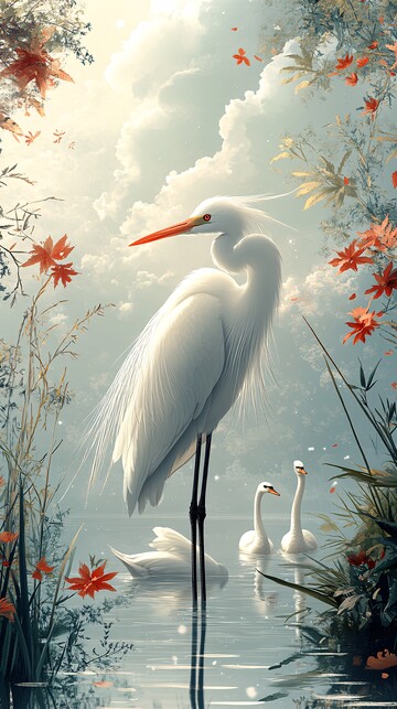 优雅白鹭湖面飞2