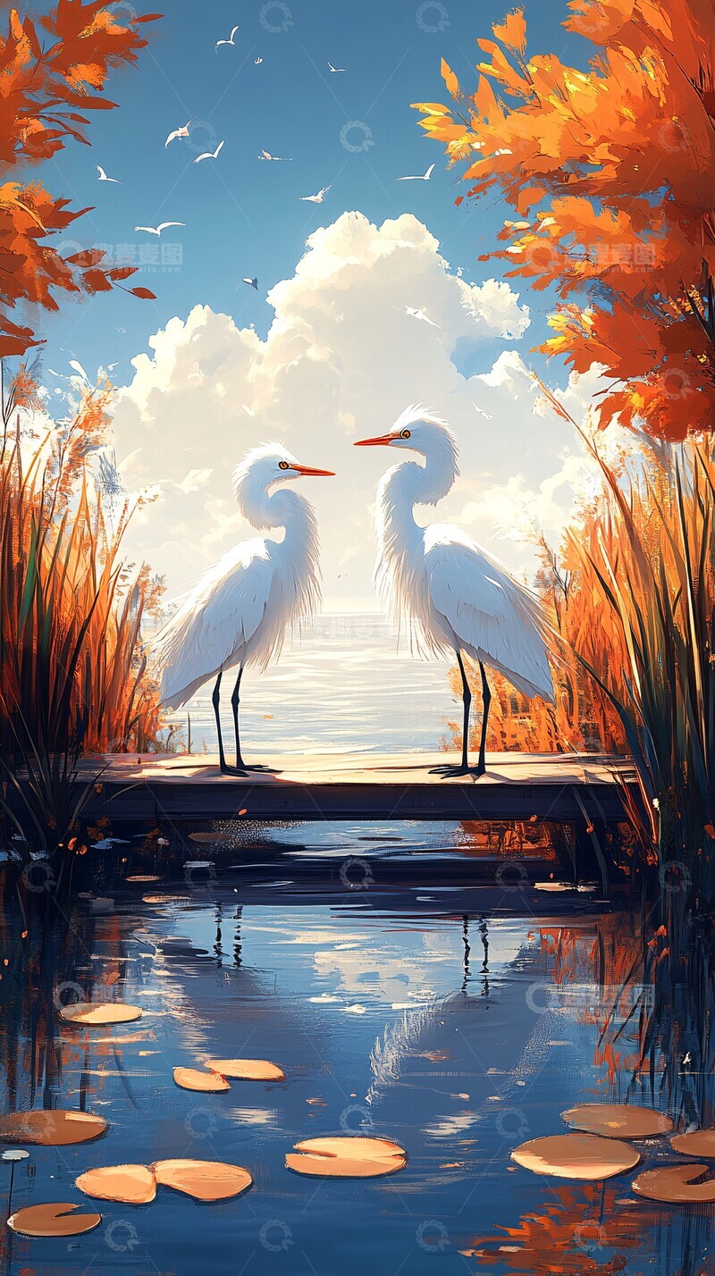 高清大图下载【趣麦麦图】白鹭木桥湖景图2