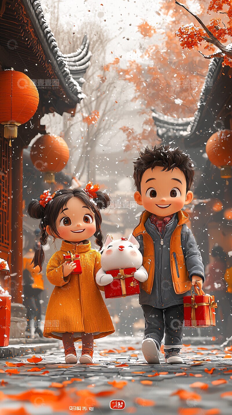 高清大图下载【趣麦麦图】儿童与父母携礼行走3