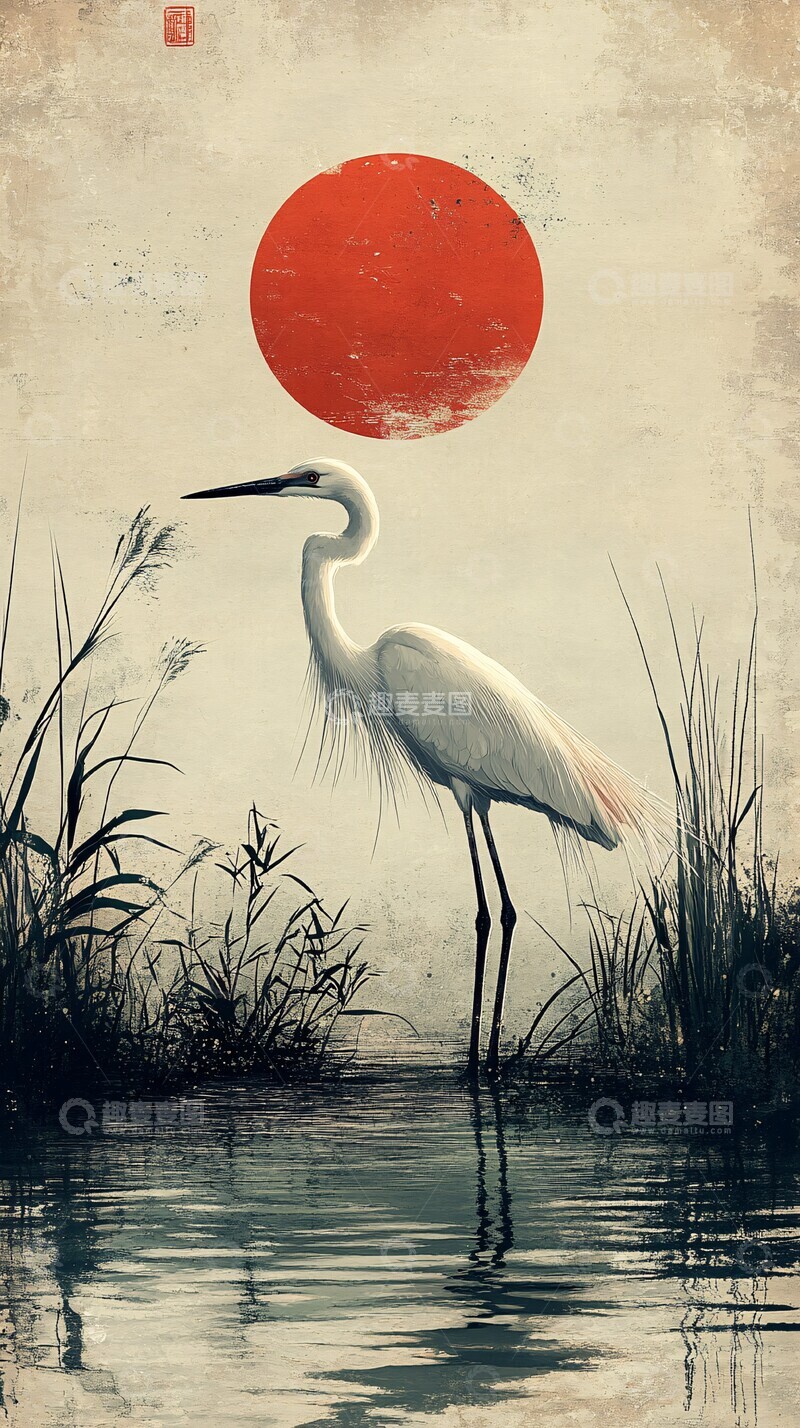 高清大图下载【趣麦麦图】水草与白鹭白鹭阳光水面2