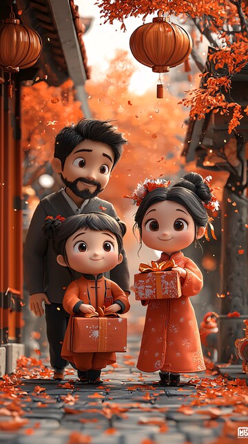 儿童与父母携礼行走1