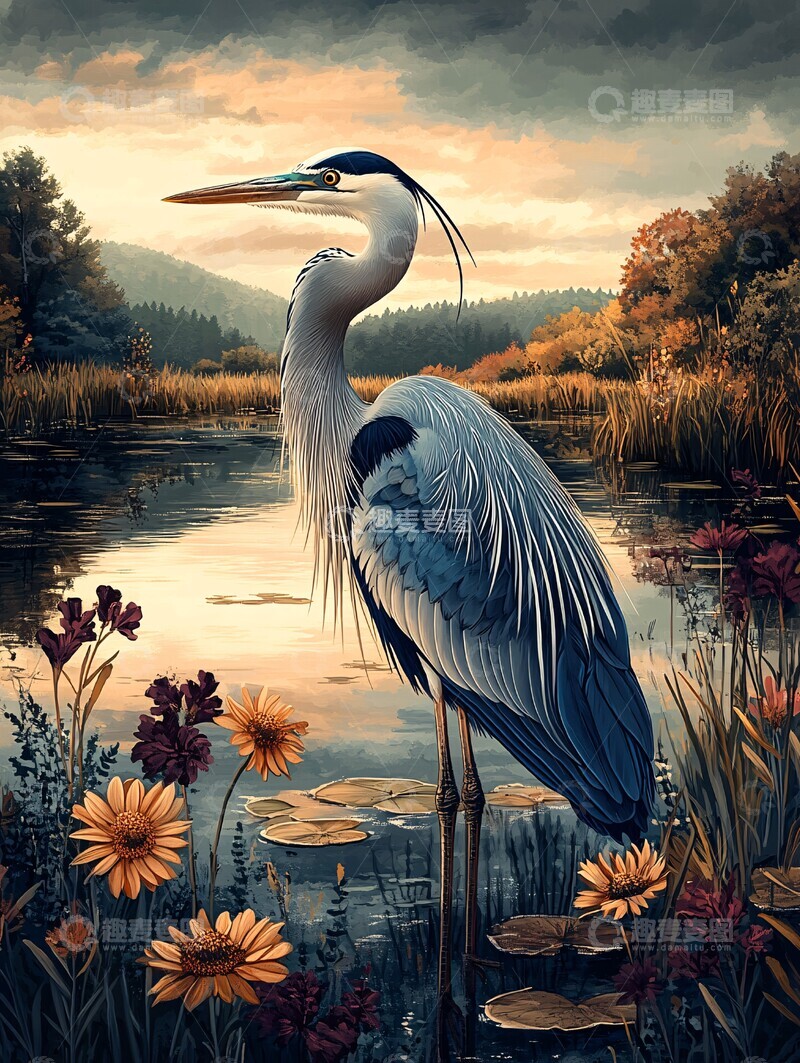 高清大图下载【趣麦麦图】蓝鹭静水毯蓝鹭静水羽毛2