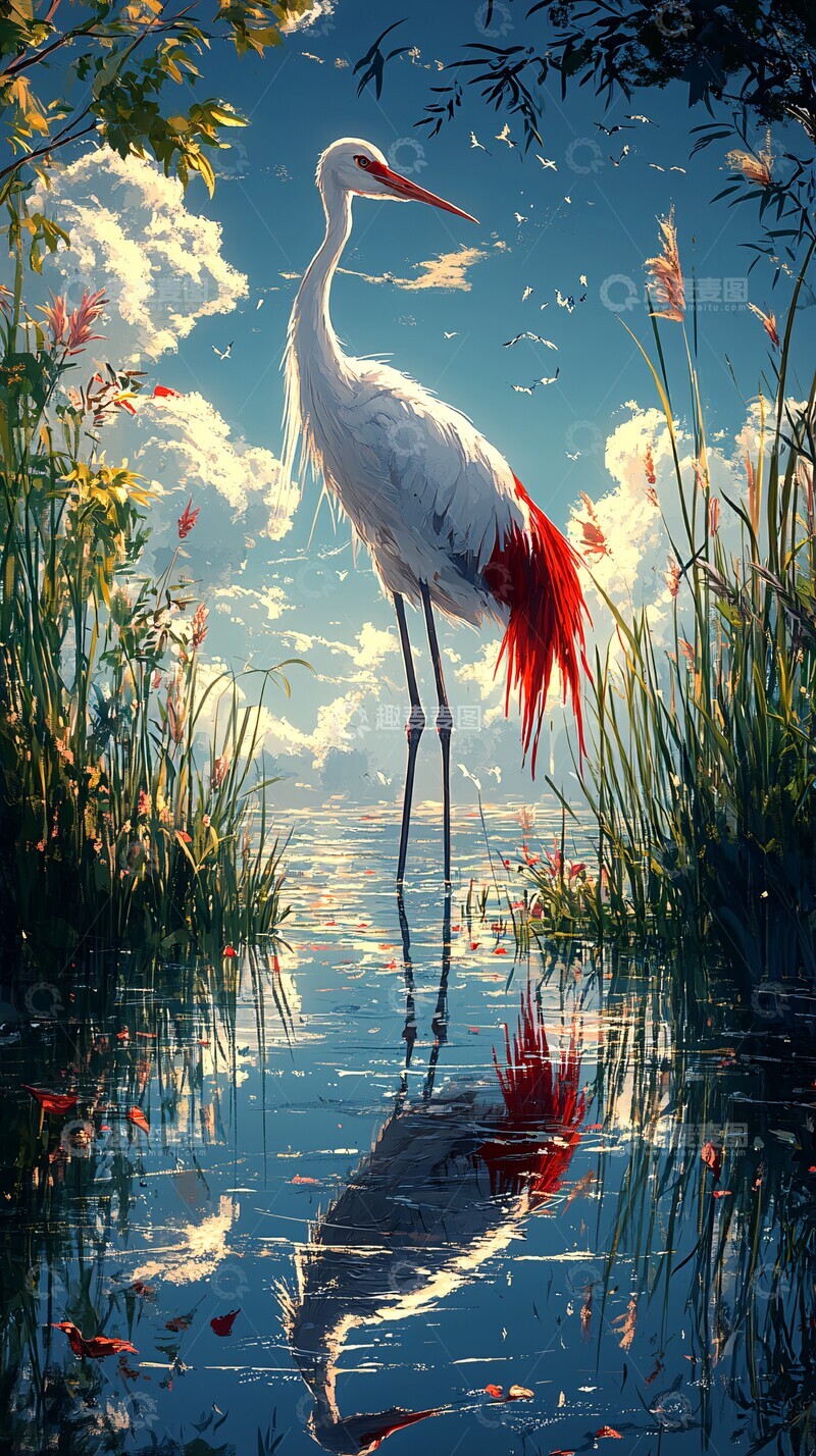 高清大图下载【趣麦麦图】翠湖蓝天鹭鸟立3