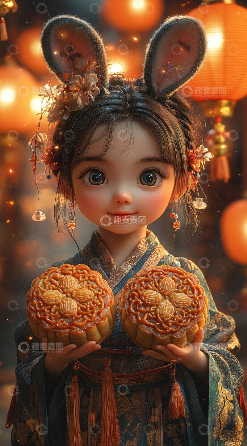 高清大图下载【趣麦麦图】兔耳女孩坐月餅3