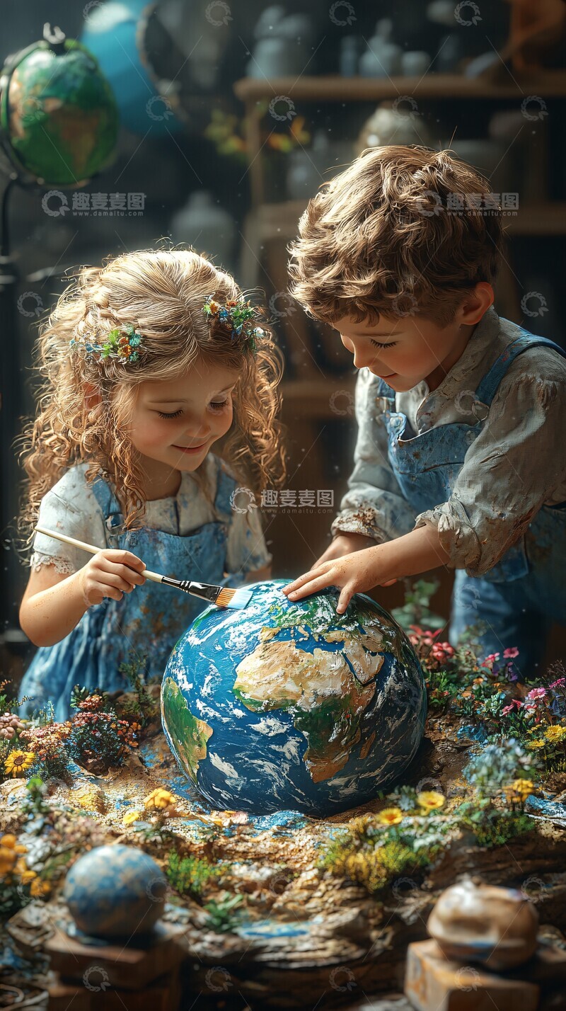 高清大图下载【趣麦麦图】小画家绘制地球2