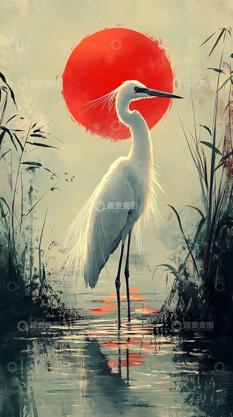 高清大图下载【趣麦麦图】水草与白鹭白鹭阳光水面1