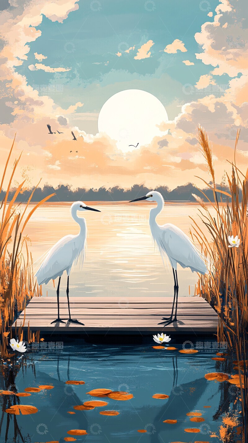 高清大图下载【趣麦麦图】湖面白鹭木桥3