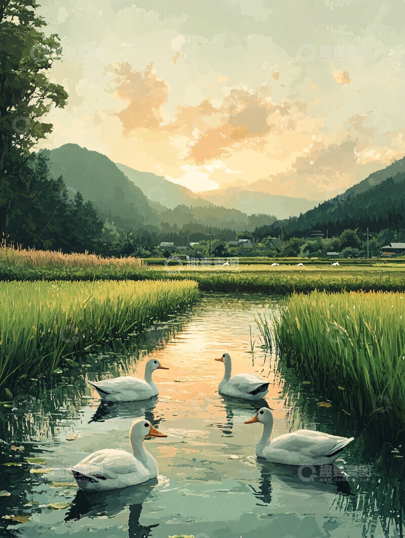 高清大图下载【趣麦麦图】鸭群稻苗小池塘2