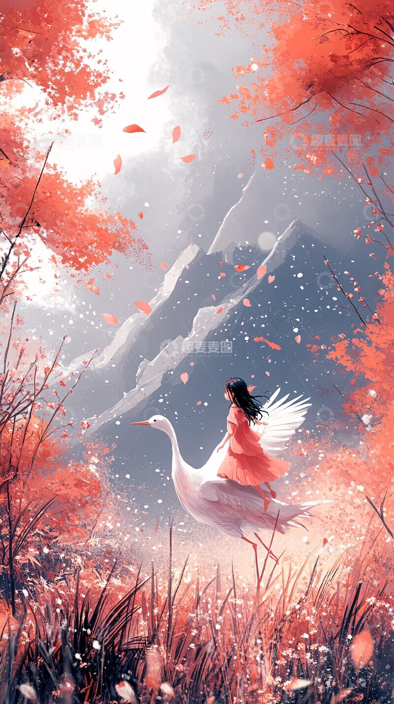 高清大图下载【趣麦麦图】小女孩乘鹤飞翔3