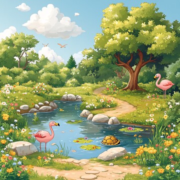 湖边小景鸭子火烈鸟小路2