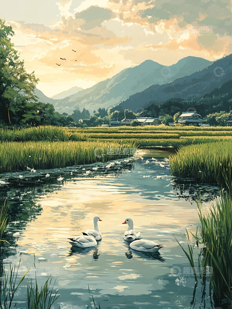 高清大图下载【趣麦麦图】鸭群稻苗小池塘3