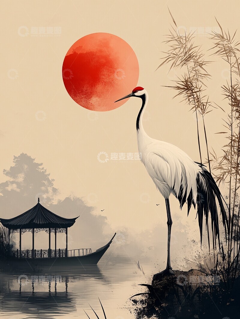 高清大图下载【趣麦麦图】白鹤立船头白鹤芦苇水面3