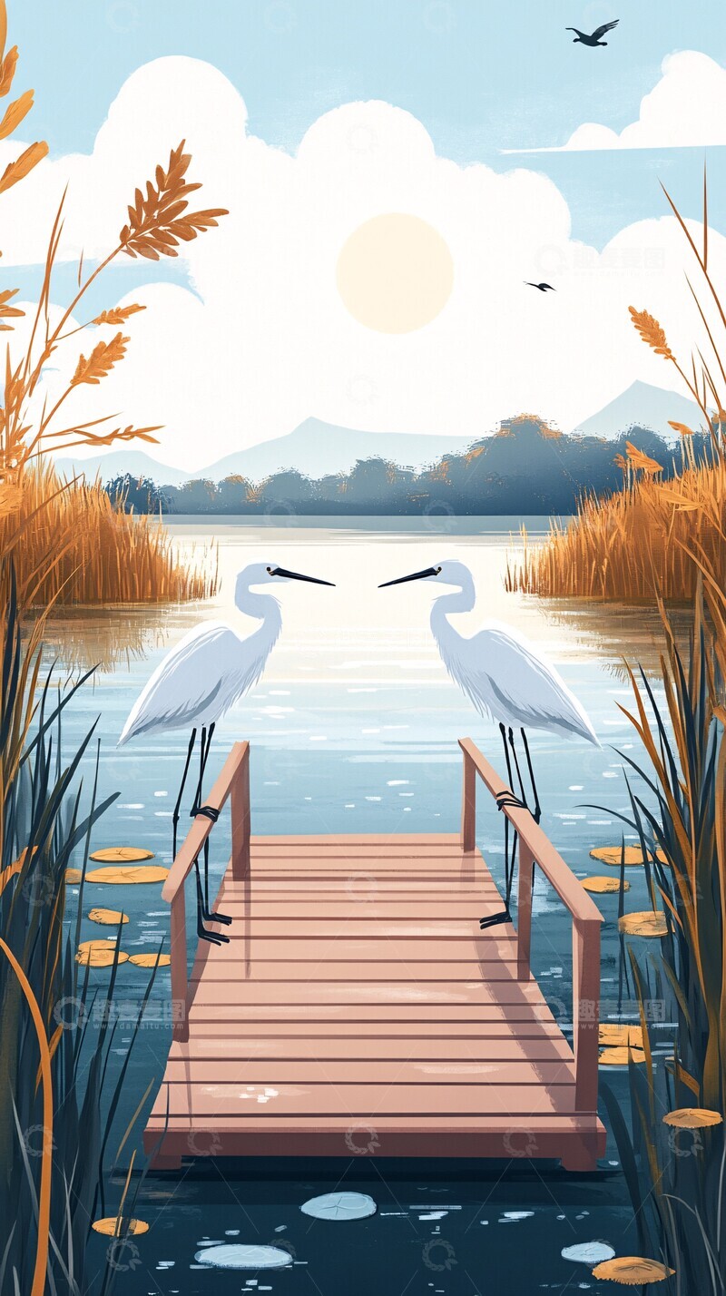 高清大图下载【趣麦麦图】湖面白鹭木桥1