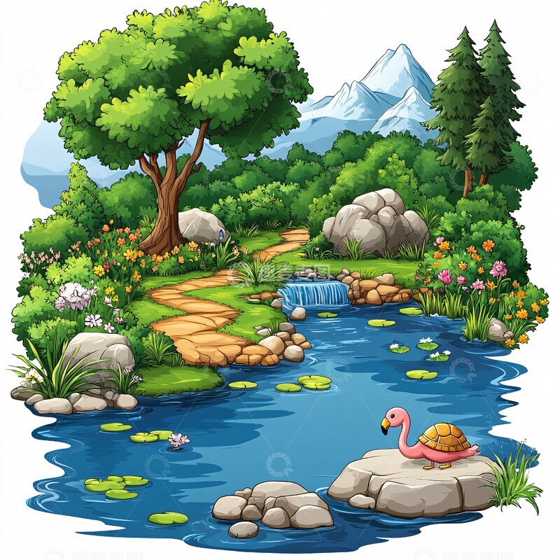 高清大图下载【趣麦麦图】湖边小景鸭子火烈鸟小路3