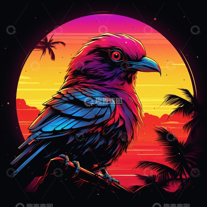 高清大图下载【趣麦麦图】鸟鸣向晚晚霞波纹图形3