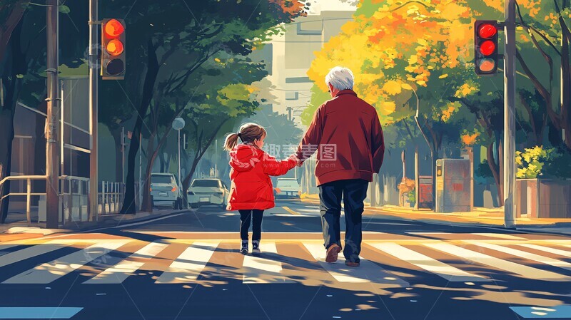高清大图下载【趣麦麦图】爷孙牵手过马路1