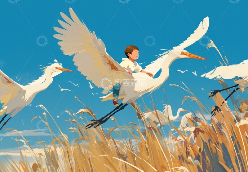高清大图下载【趣麦麦图】男孩与鹭鸟飞翔3