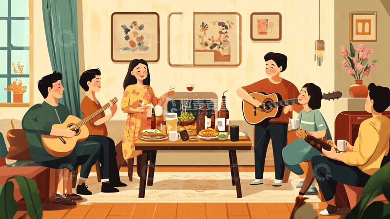 高清大图下载【趣麦麦图】客厅聚会饮酒品茶