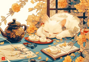 猫睡桌上的茶香1