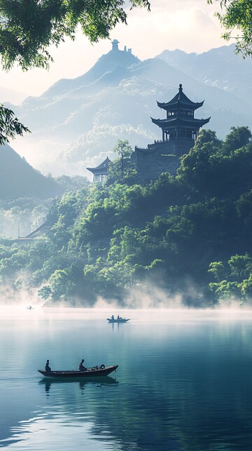 湖中古建小船湖泊山峦3