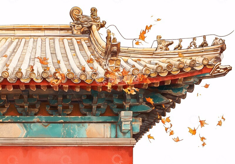 高清大图下载【趣麦麦图】屋檐秋叶屋檐秋叶白底3