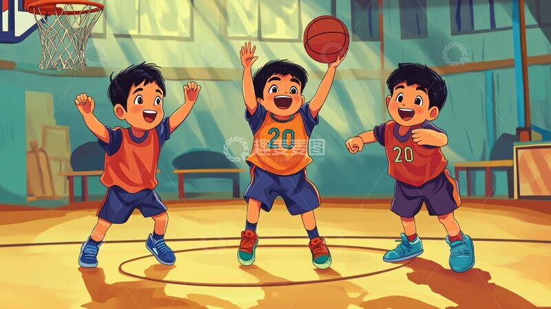 高清大图下载【趣麦麦图】三男孩室内篮球3