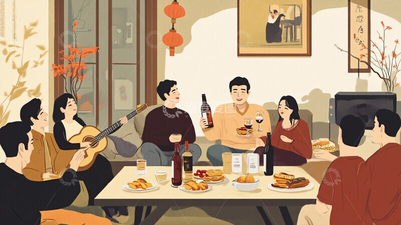 高清大图下载【趣麦麦图】客厅聚会饮酒品茶2