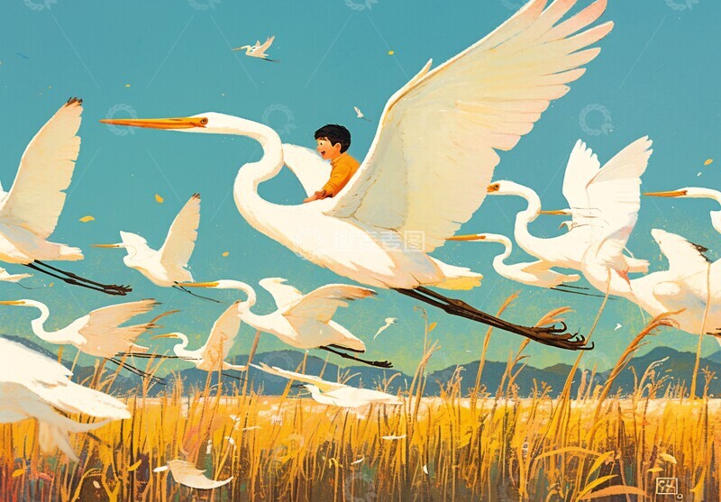 高清大图下载【趣麦麦图】男孩与鹭鸟飞翔2