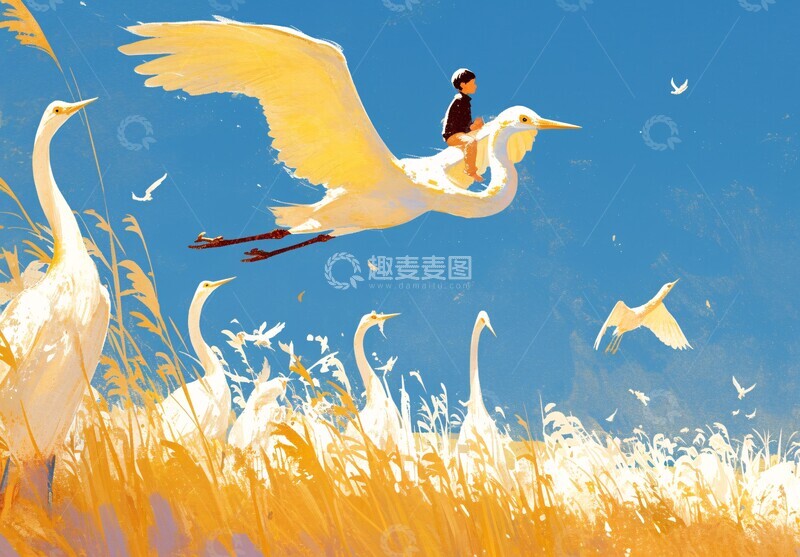 高清大图下载【趣麦麦图】男孩与鹭鸟飞翔1