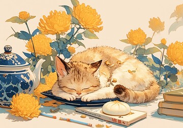 猫睡桌上的茶香2