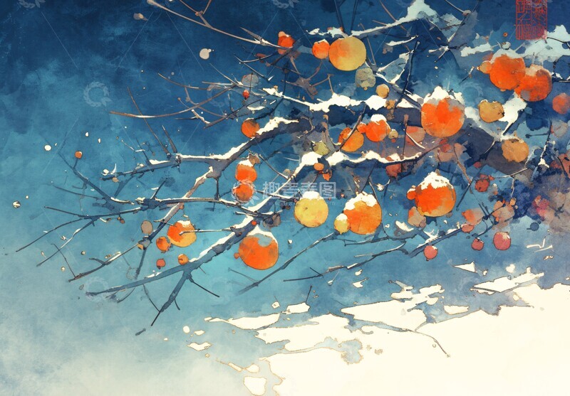 高清大图下载【趣麦麦图】柿子挂枝雪中景3