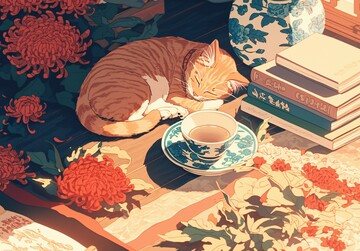 猫睡桌上的茶香3