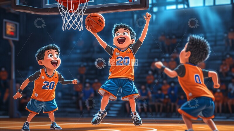 高清大图下载【趣麦麦图】三男孩室内篮球2