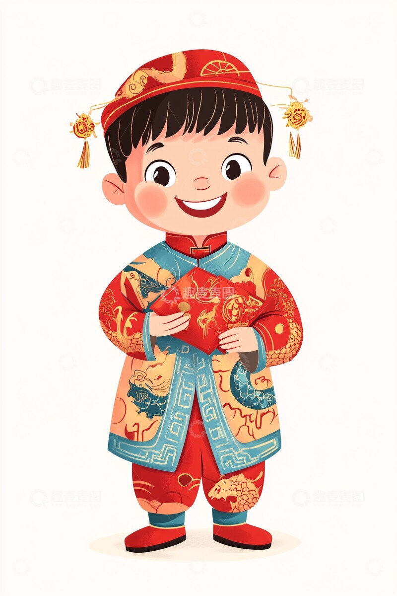 高清大图下载【趣麦麦图】男孩穿中式服装拿红包