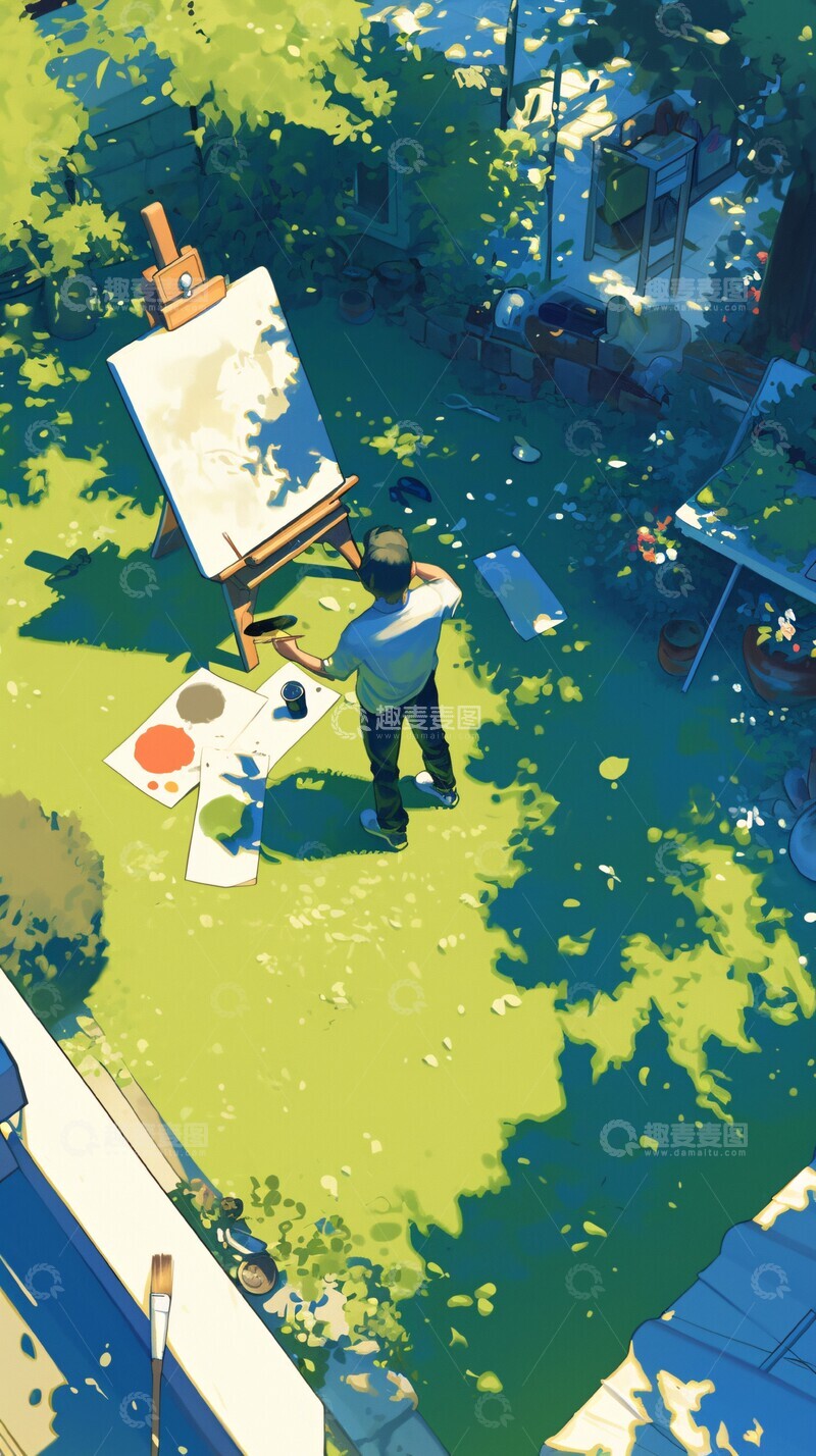 高清大图下载【趣麦麦图】画家草坪作画2