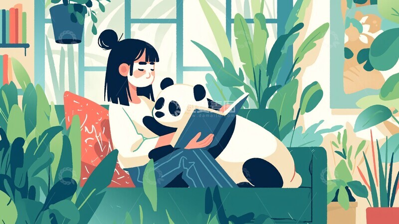 高清大图下载【趣麦麦图】女孩熊猫沙发玩